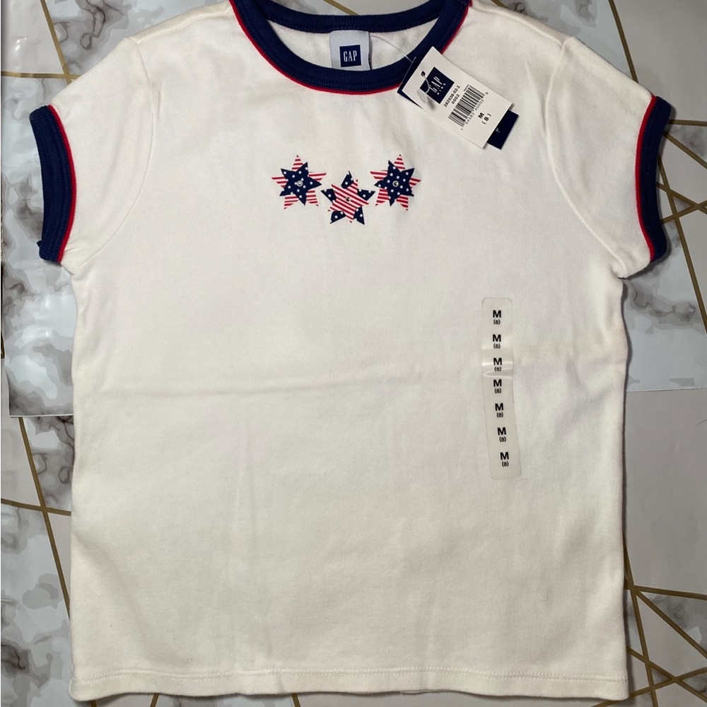 NWT Vintage 2005 Gap Kids Med 8 Knit Shirt Patriotic Crystal Star Blue Red White